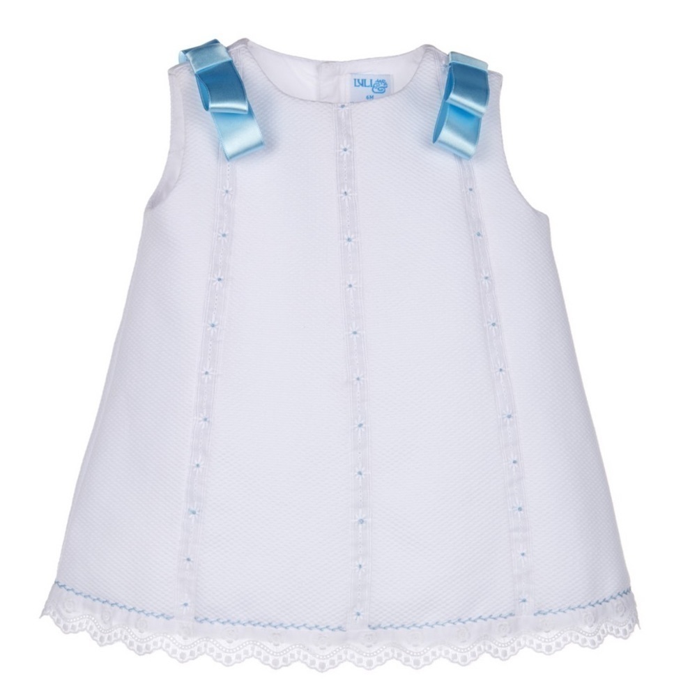 LOVELY WHITE DRESS W/LACE & BLUE RIBBON pique Luli & Me 4T NWT